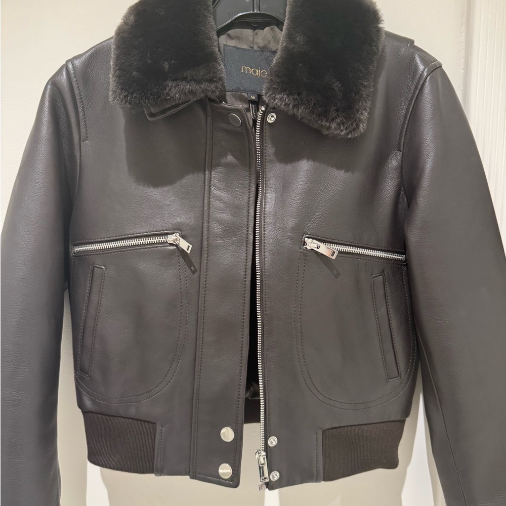 Maje Dark Brown LEATHER Jacket with Fur Collar